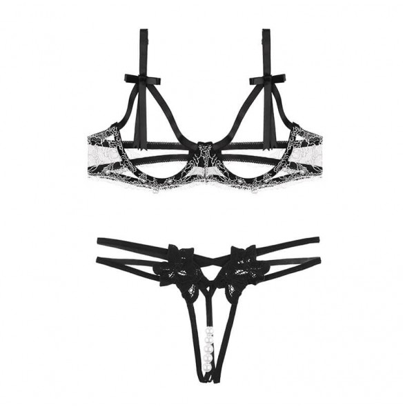 FEE ET MOI - Beaded Floral Open-Crotch Panties Bikini (Black) FEE ET MOI - Beaded Floral Open-Crotch Panties Bikini (Black)